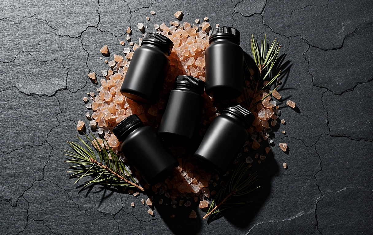 Natural supplement packaging on raw stone